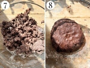 Two photos showing the before and after of bring the chocolate cookie dough together.