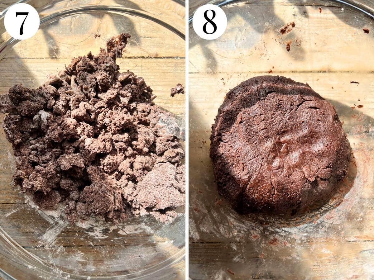 Two photos showing the before and after of bring the chocolate cookie dough together.
