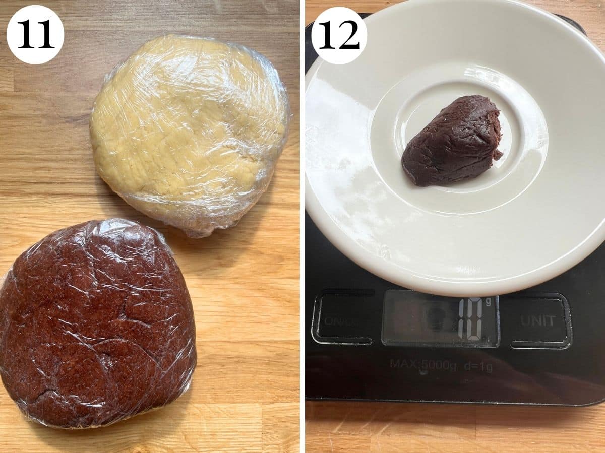 Two photos in a collage showing two cookie doughs wrapped in plastic wrap and weighing out one 10g piece.