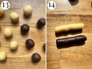 Two photos in a collage showing the cookies dough rolled into balls and then small logs ready to shape into cookies.