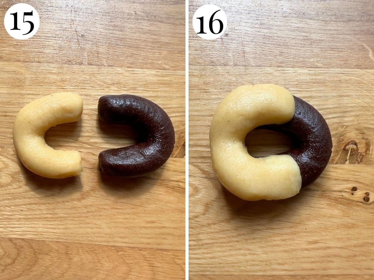 Two photos in a collage showing how to overlap the two doughs to create a classic abbracci cookie.