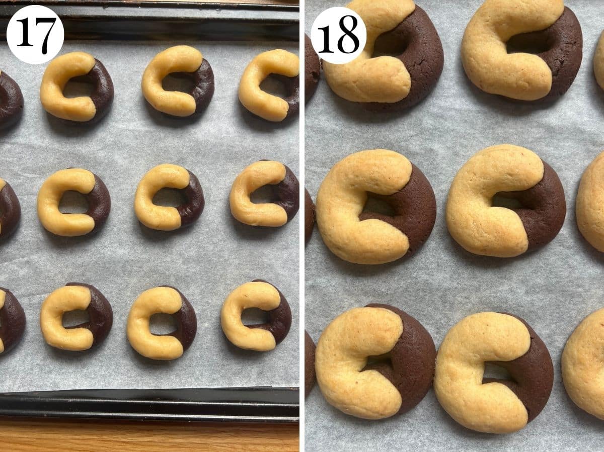 Two photos showing before and after baking the abbracci cookies.