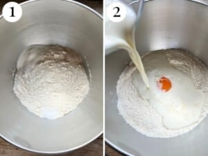 Two photos in a collage showing flour, salt, sugar, yeast, egg yolks and milk being added to a stand mixer with a dough hook.
