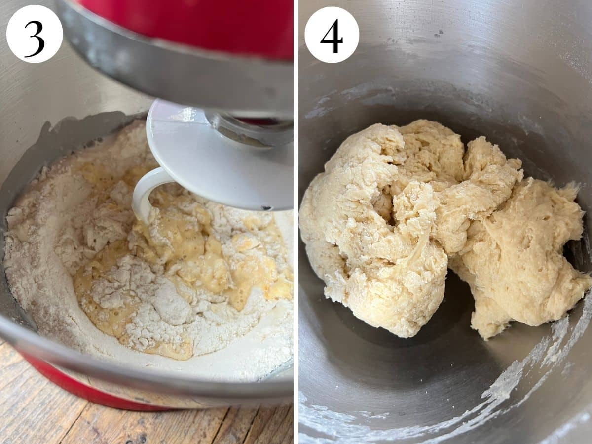 Two photos in a collage showing a rough dough forming in a stand mixer.