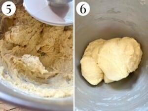 Two photos in a collage showing what the dough looks like with butter added and what it looks like after kneading for 10 minutes.