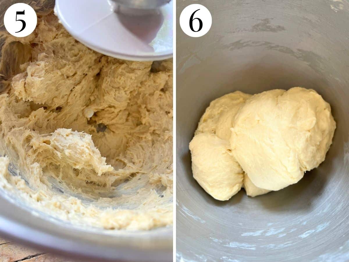 Two photos in a collage showing what the dough looks like with butter added and what it looks like after kneading for 10 minutes.