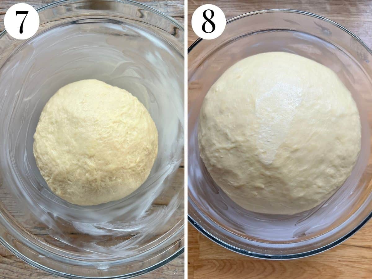 Two photos in a collage showing before and after the first proof of danubio dough.