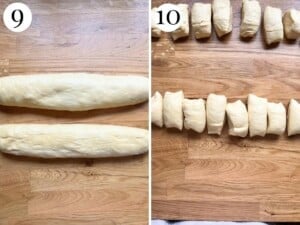 Two photos in a collage showing how to for the dough into two logs and cut them into 16 pieces.