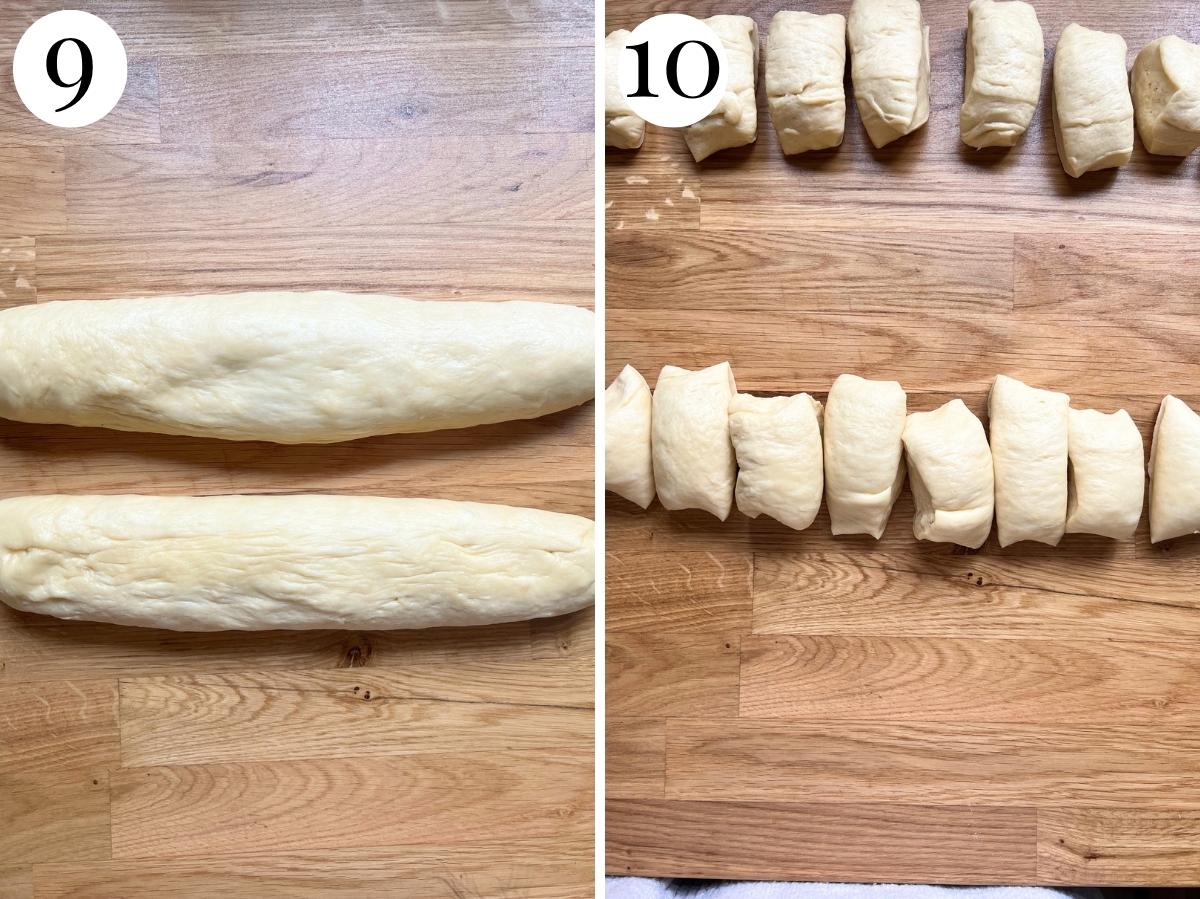 Two photos in a collage showing how to for the dough into two logs and cut them into 16 pieces.