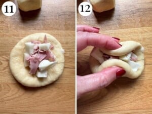 Two photos in a collage showing how to stuff and seal the danubio salato balls.