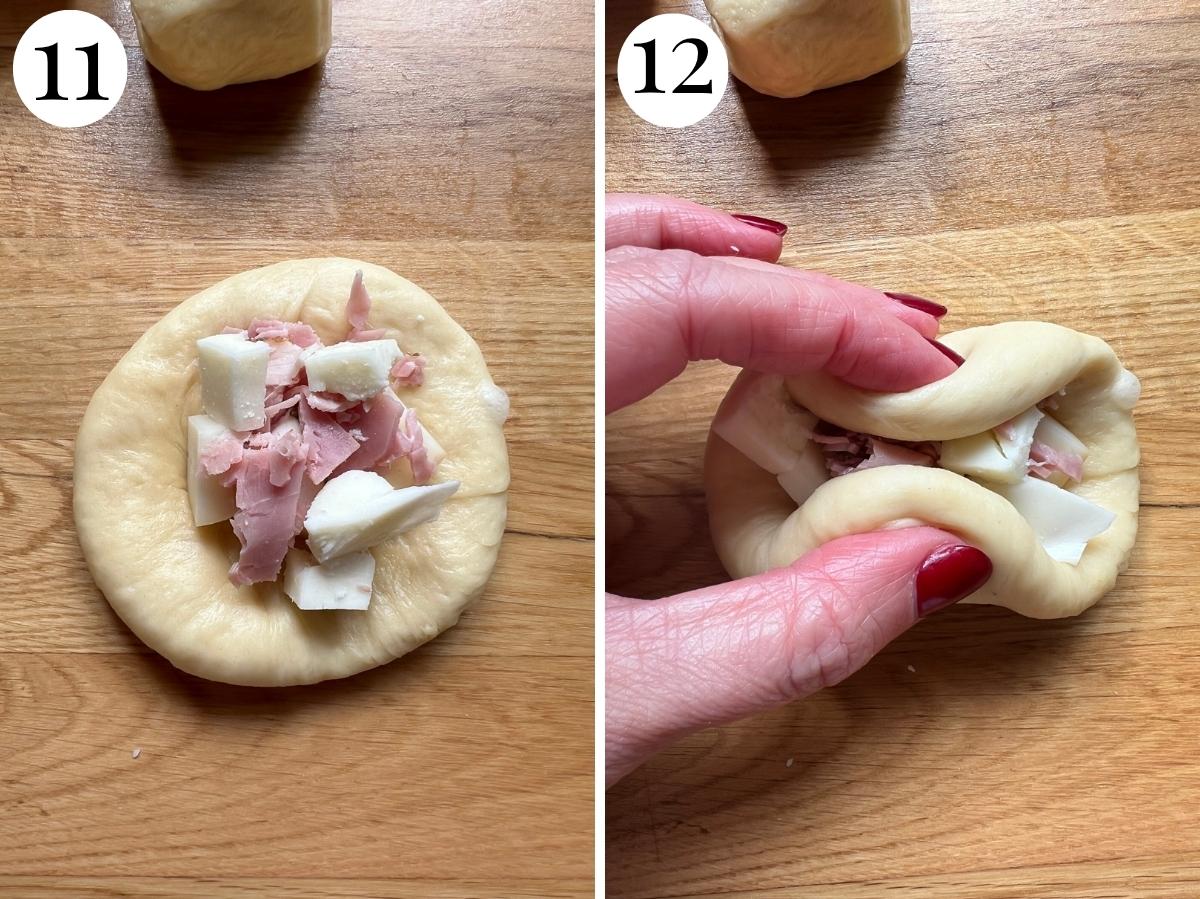 Two photos in a collage showing how to stuff and seal the danubio salato balls.