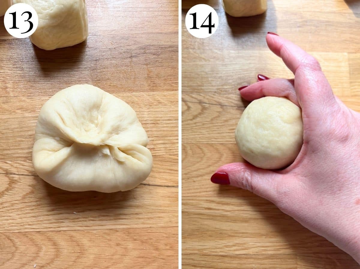 Two photos in a collage showing how to form the balls by rolling them on a work surface.