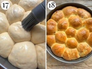 Two photos showing the before and after of brushing with egg wash and baking.