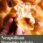 A pinterest graphic of a hand tearing open a cheese stuffed bun. The text overlay reads; Neapolitan danubio salato cheese stuffed brioche - get the recipe.