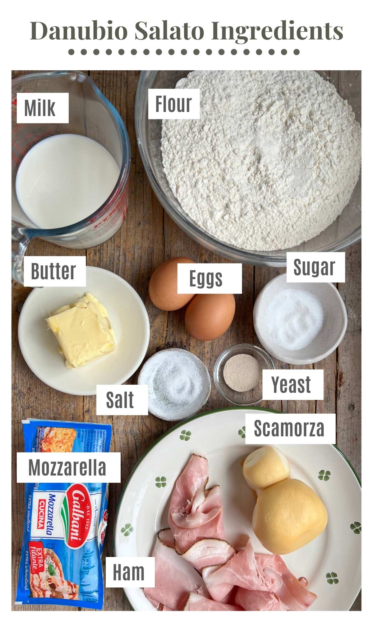 An overhead shot of all the ingredients needed to make danubio salato on a rustic wooden surface.