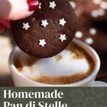 A pinterest graphic showing a hand dunking a chocolate cookie with star sprinkles into a cappuccino.