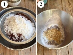 Two photos in a collage showing how to sift dry ingredients together into a mixing bowl.