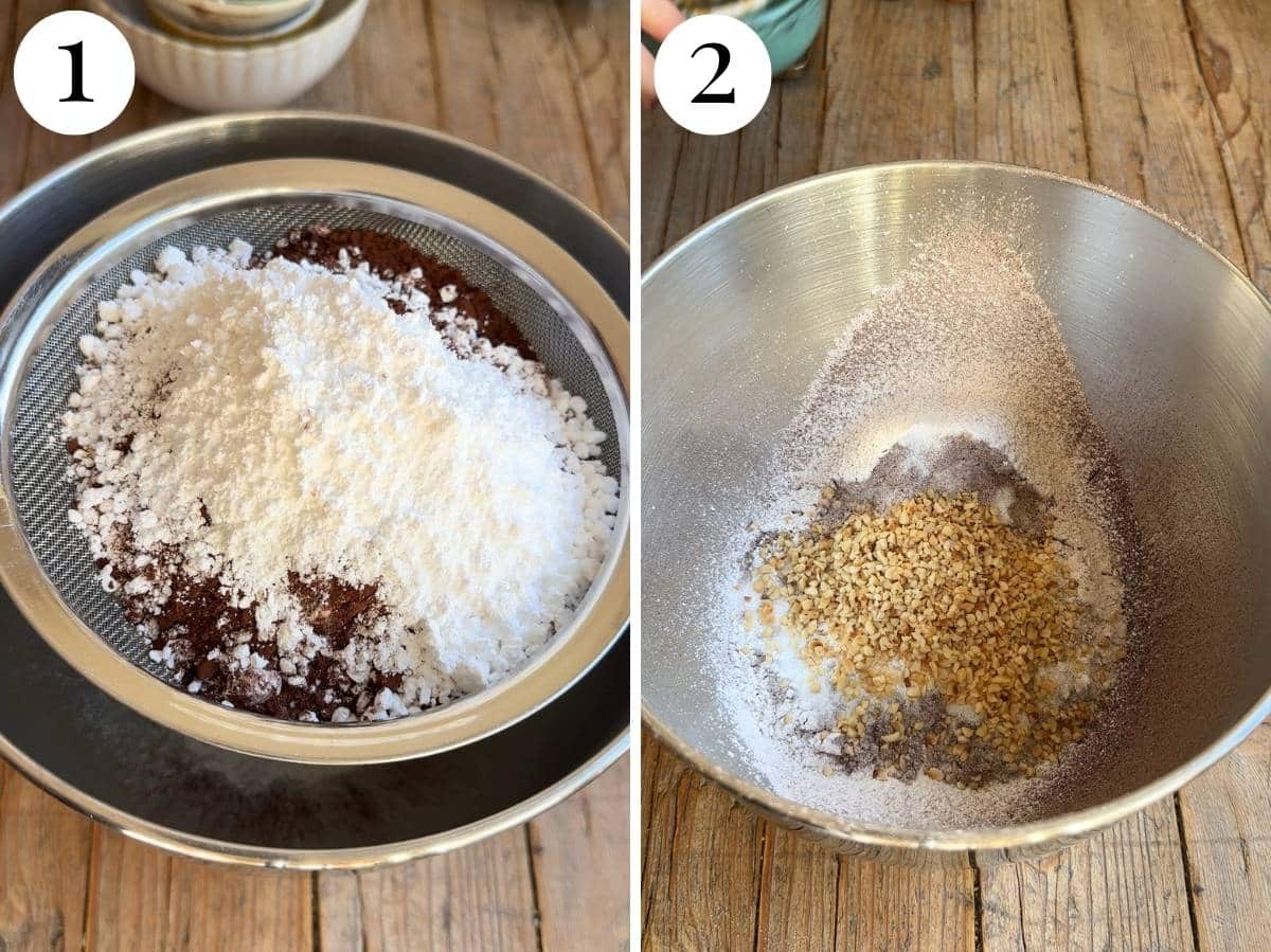 Two photos in a collage showing how to sift dry ingredients together into a mixing bowl.