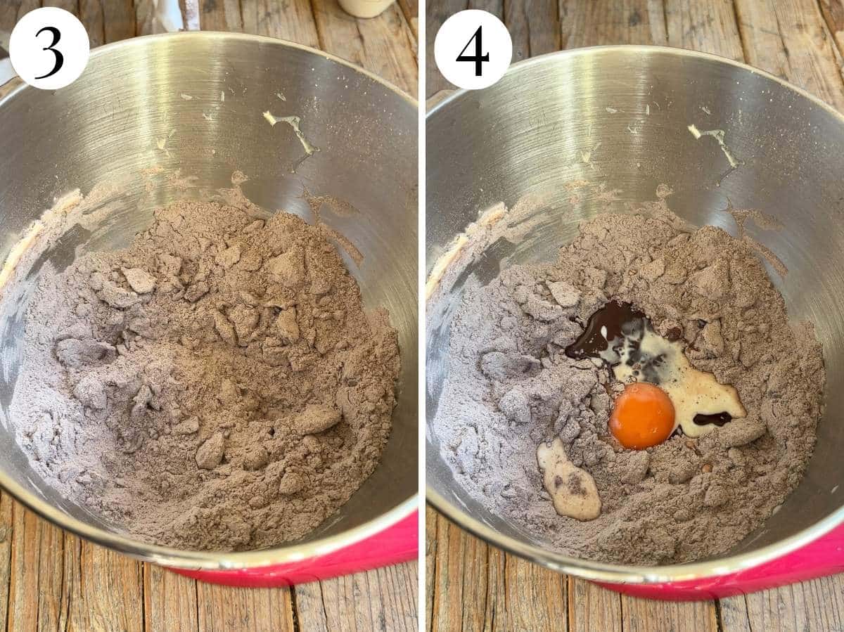 Two photos in a collage showing butter being added to form a crumbly texture and wet ingredients added to the mix (egg, melted chocolate and honey).