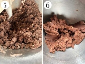 Two photos in a collage showing a stand mixer bringing together chocolate cookie dough.