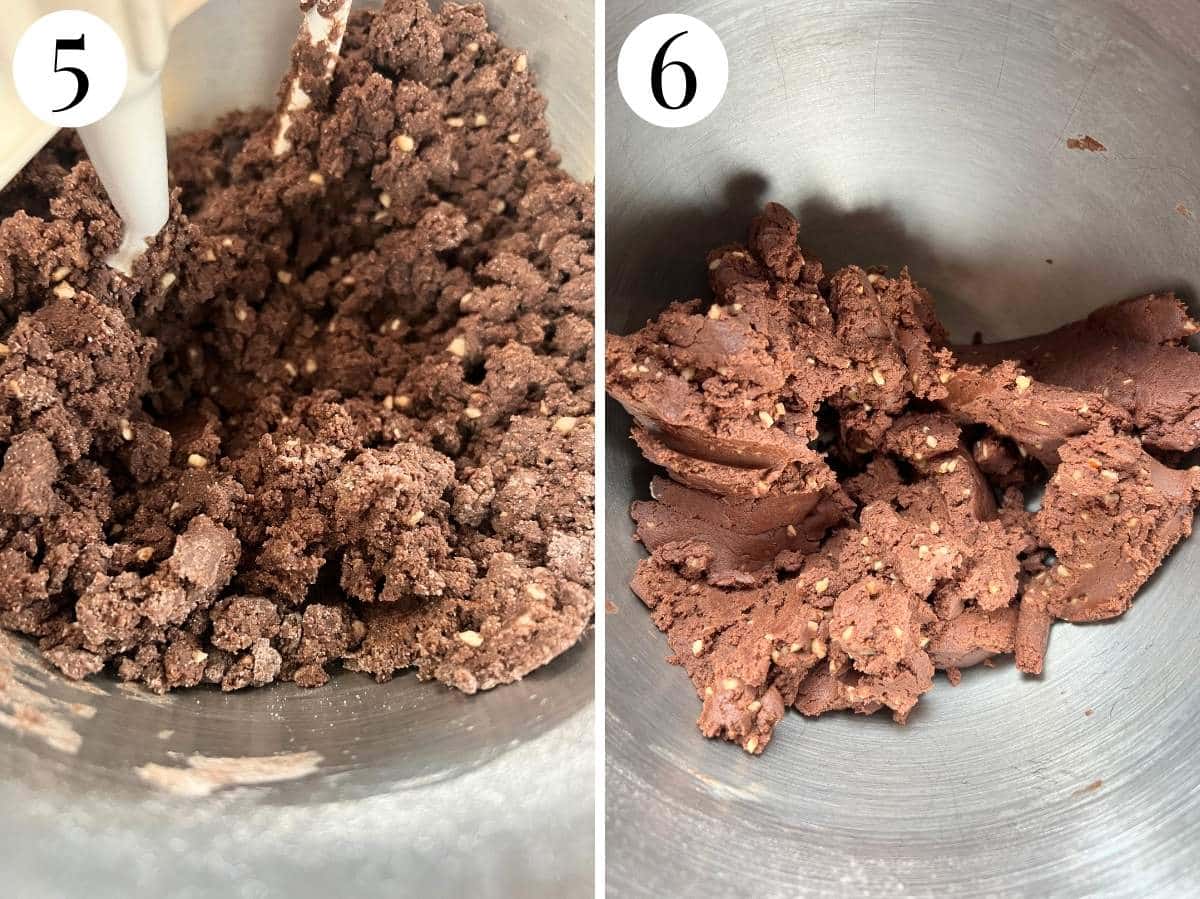 Two photos in a collage showing a stand mixer bringing together chocolate cookie dough.