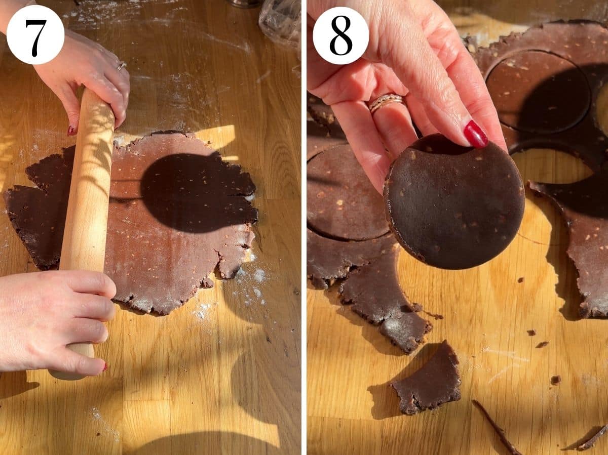 Two photos in a collage showing how to roll out and cut out cookies.