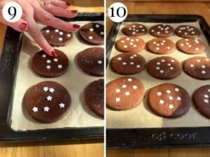 Two photos showing how to press star sprinkles onto cookies and what they look like after baking.