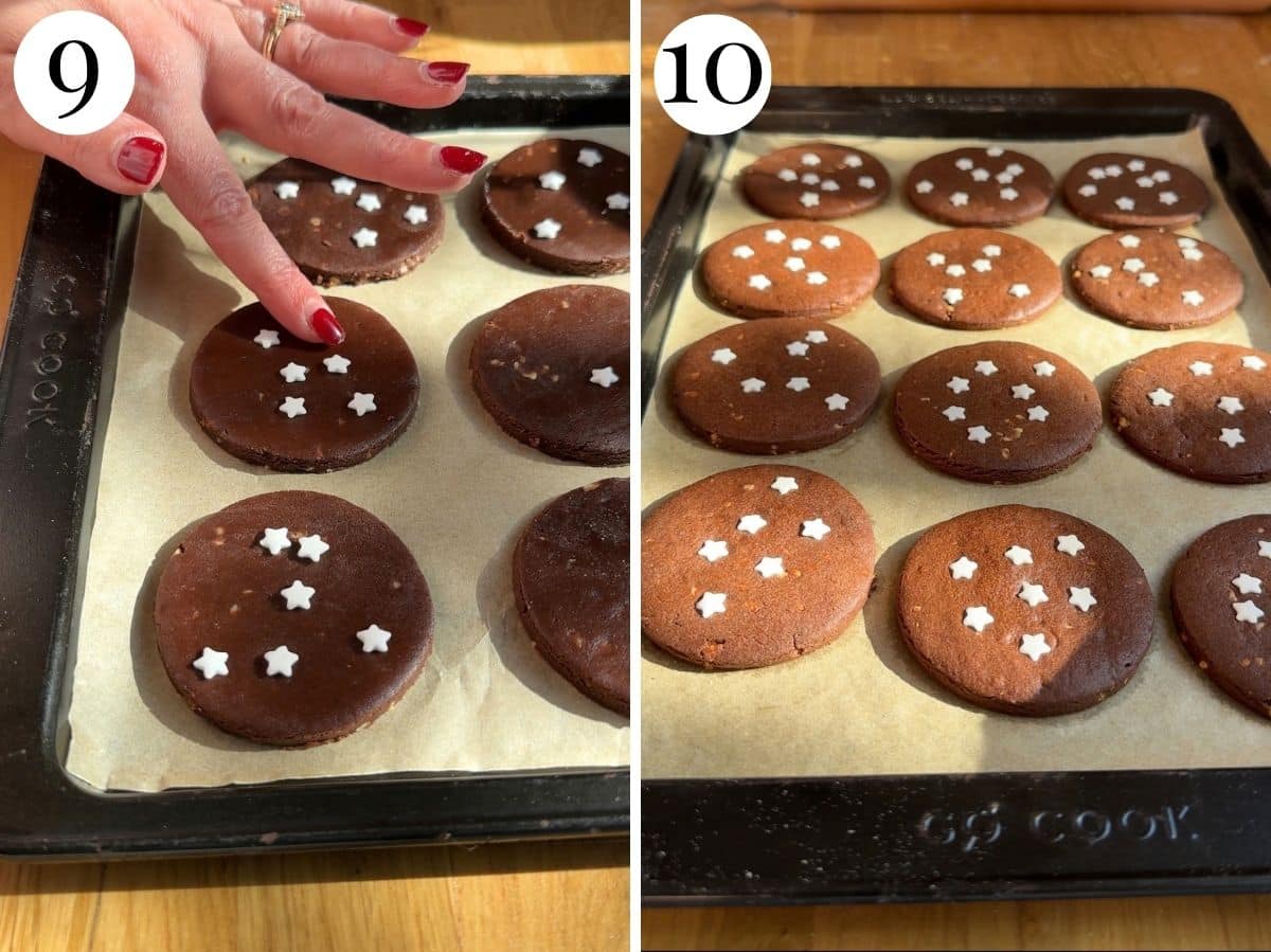 Two photos showing how to press star sprinkles onto cookies and what they look like after baking.