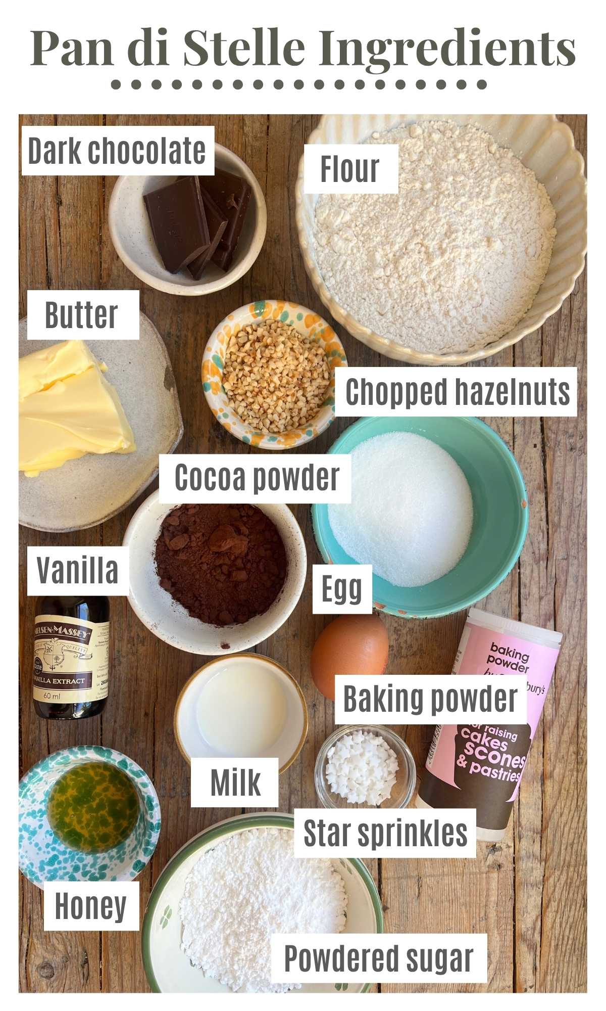 An overhead shot of all the ingredients needed to make homemade Italian Pan di Stelle cookies.