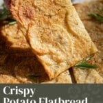 A pinterest graphic showing a hand holding a slice of Italian potato flatbread.