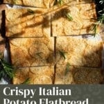 A pinterest graphic showing an Italian potato flatbread topped with rosemary.