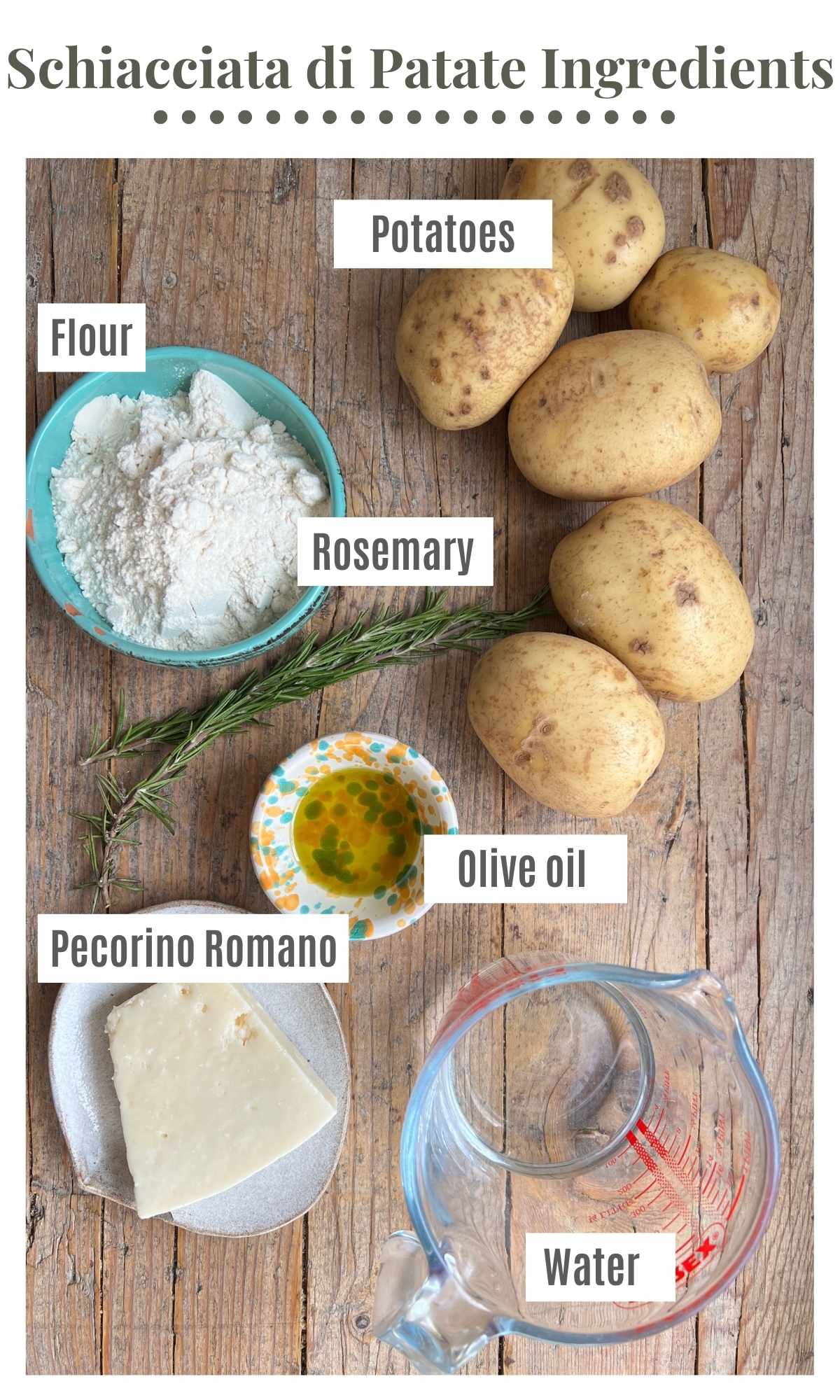 All the ingredients needed to make an Italian potato flatbread laying out on a wooden surface.