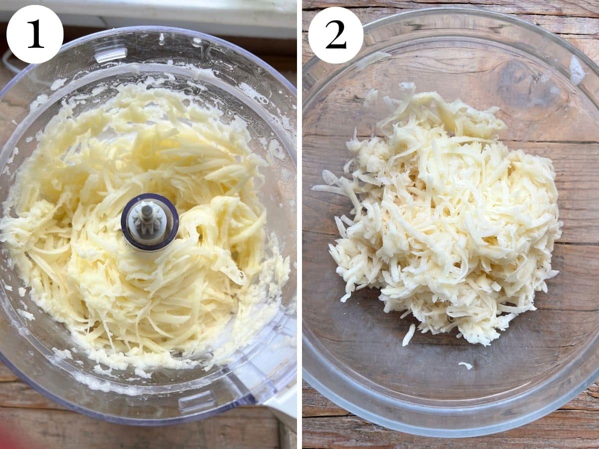 Two photos in a collage showing grated potato in a food processor and bowl.