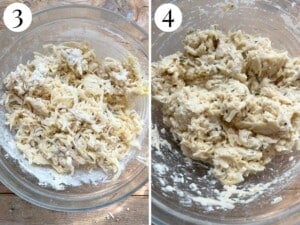 Two photos in a collage showing flour. water, oil. cheese and rosemary being mixed with grated potato.