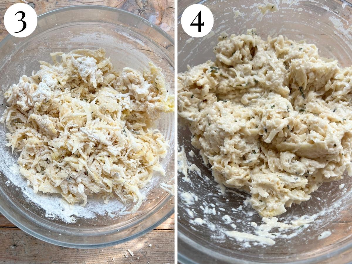 Two photos in a collage showing flour. water, oil. cheese and rosemary being mixed with grated potato.