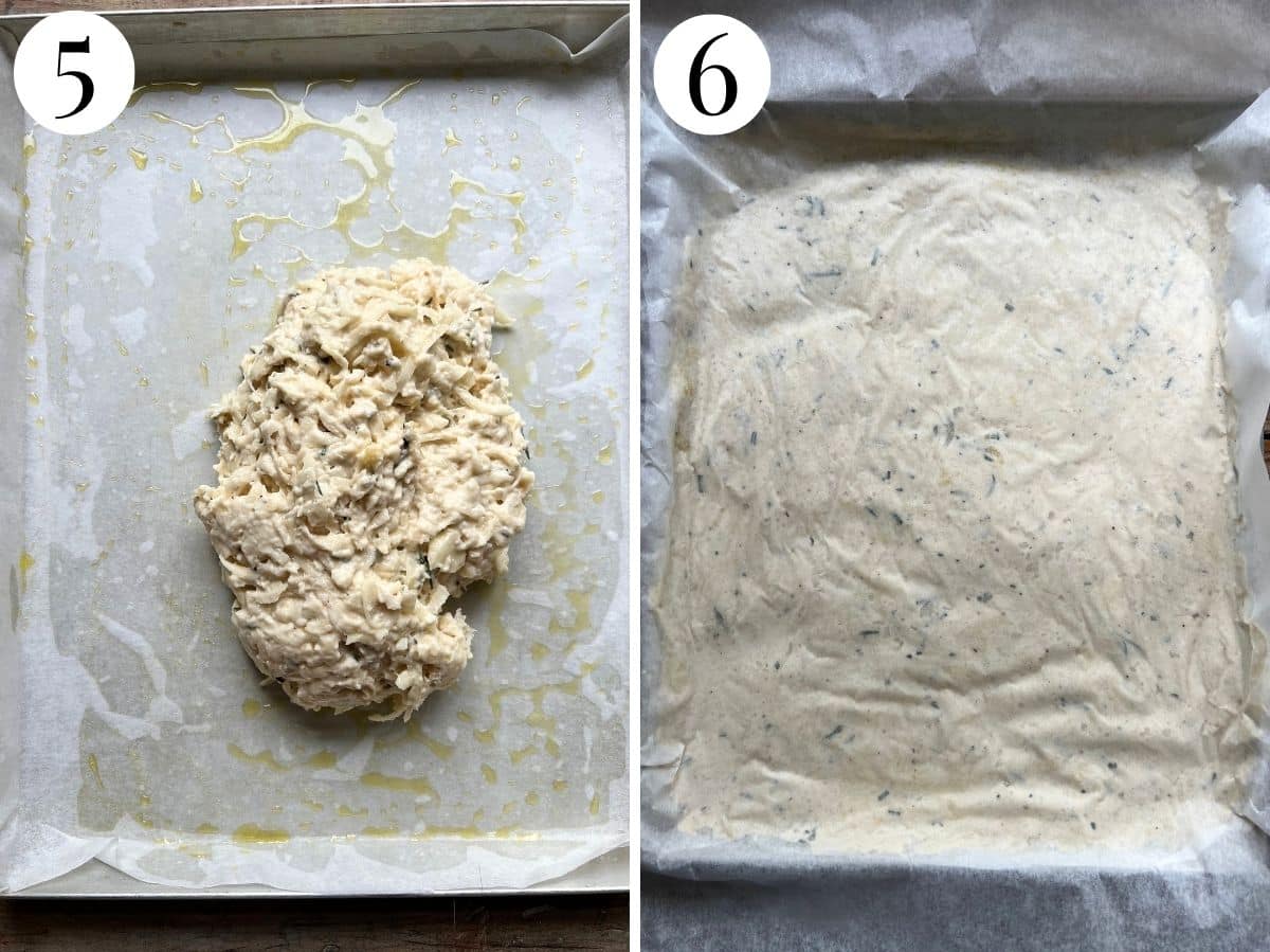 Two photos in a collage showing how to spread out the potato mixture in a tray.