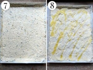 Two photos showing slices of potato and pecorino being added to the top of the schiacciata.