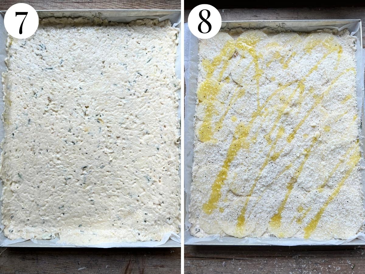 Two photos showing slices of potato and pecorino being added to the top of the schiacciata.