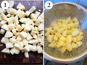 Two photos in a collage showing chopped potatoes and after parboiling.