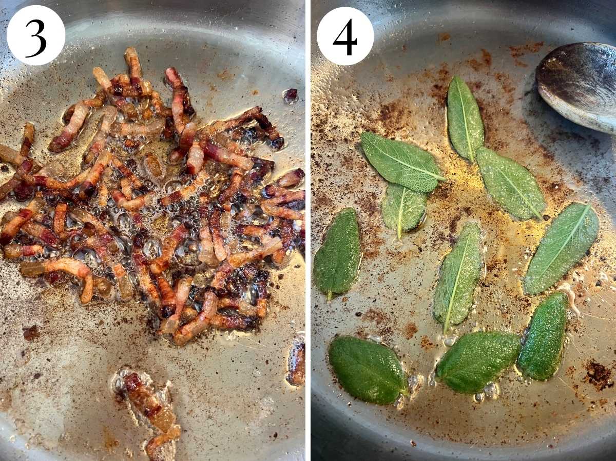 Two photos in a collage showing fried pancetta and sage leaves.