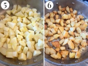 Two photos in a collage showing before and after frying potatoes for 7 minutes.