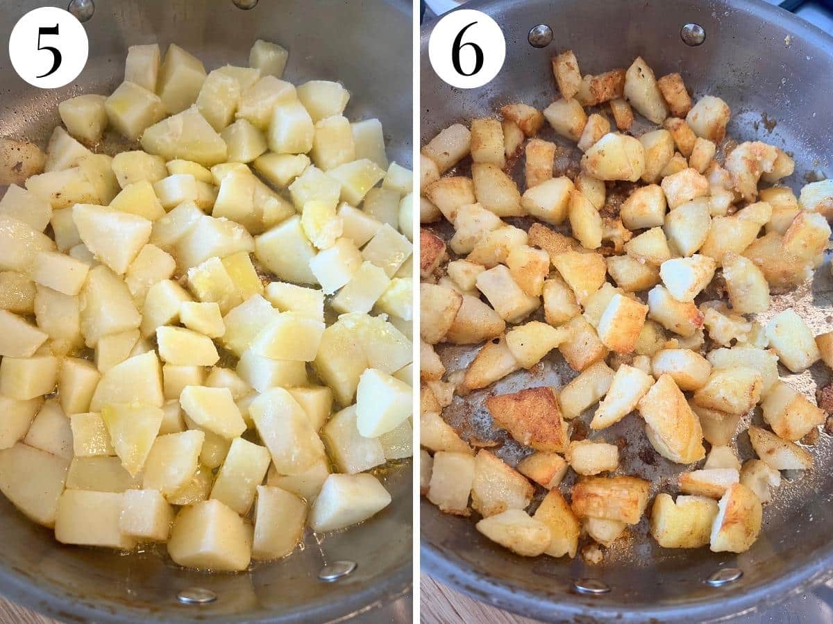 Two photos in a collage showing before and after frying potatoes for 7 minutes.