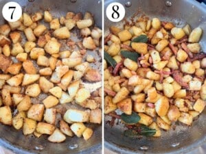 Two photos in a collage showing crispy fried potatoes with pancetta and sage added.