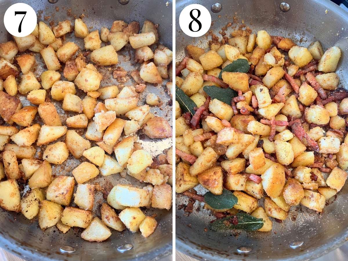 Two photos in a collage showing crispy fried potatoes with pancetta and sage added.