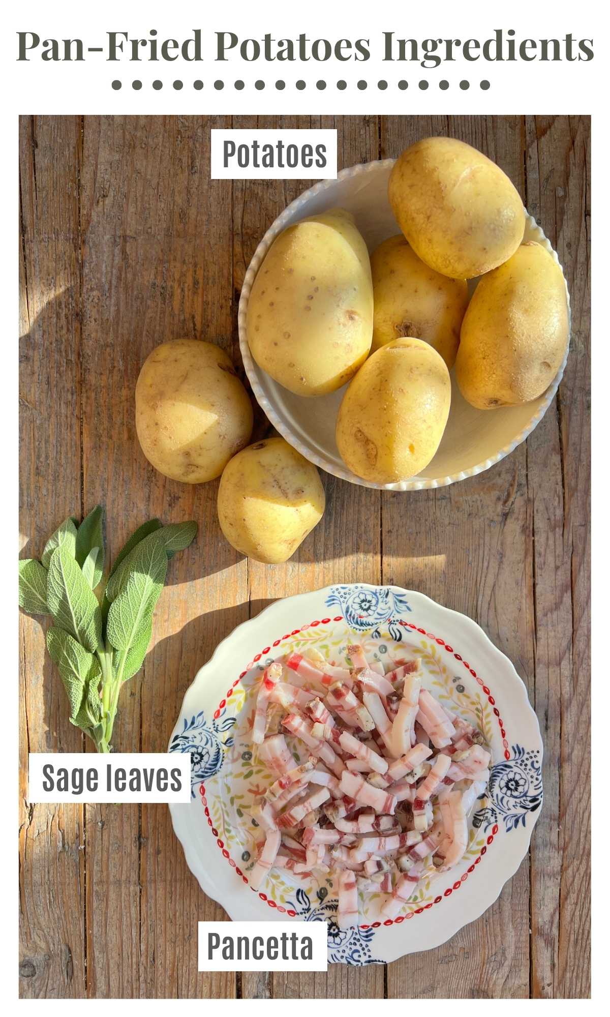 An overhead shot of potatoes, sage and pancetta on a rustic wooden surface.