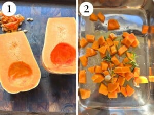 Two photos showing how to cut butternut squash for roasting.