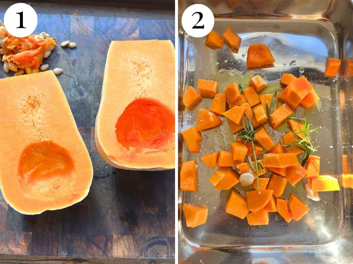 Two photos showing how to cut butternut squash for roasting.