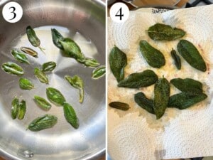 Two photos showing before and after frying sage leaves.