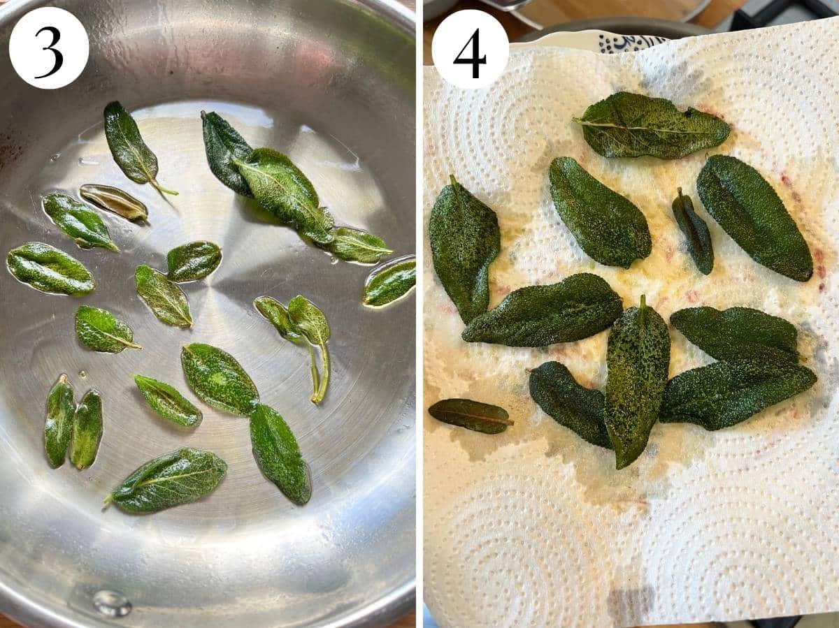 Two photos showing before and after frying sage leaves.