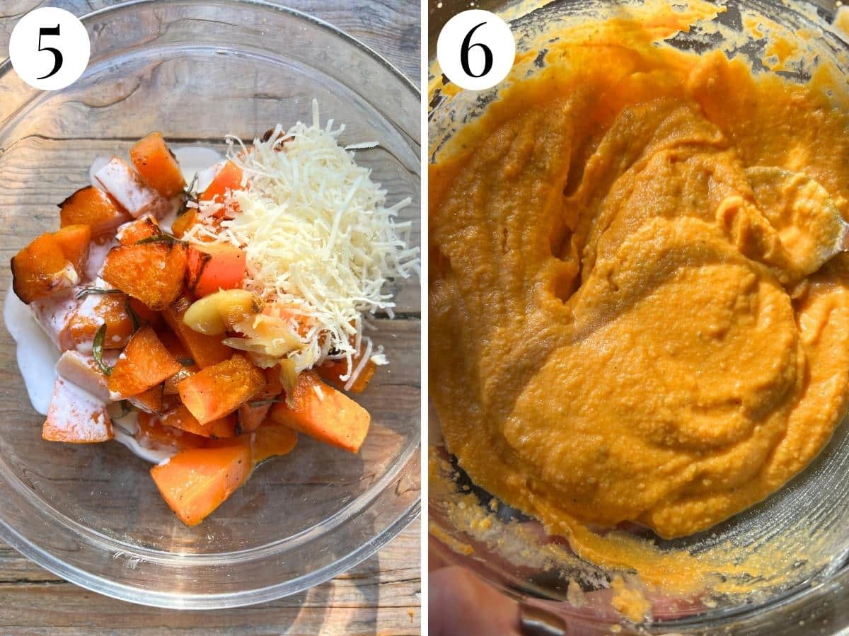 Two photos showing before and after blitzing roasted butternut squash into a sauce.